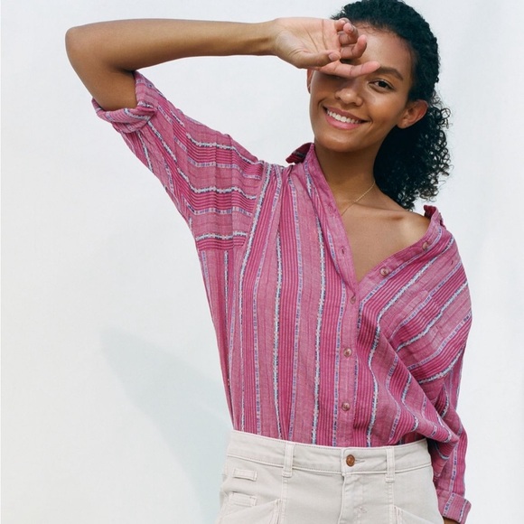 Anthropologie Pilcro The Bo Boyfriend Embroidered Buttondown Raspberry Pink Sz S - Picture 1 of 15